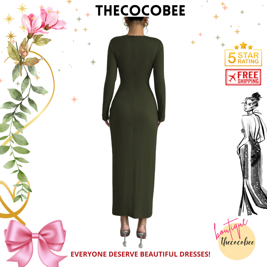 #117 Army Green Elegant Work Commute Solid Color Form-Fitting Round Neck Folding Collar Long Sleeve Bodycon Dress, Spring/Autumn/Winter Maxi Women Outfit