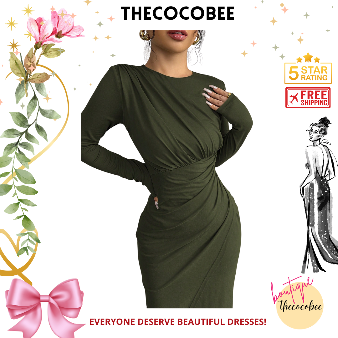 #117 Army Green Elegant Work Commute Solid Color Form-Fitting Round Neck Folding Collar Long Sleeve Bodycon Dress, Spring/Autumn/Winter Maxi Women Outfit