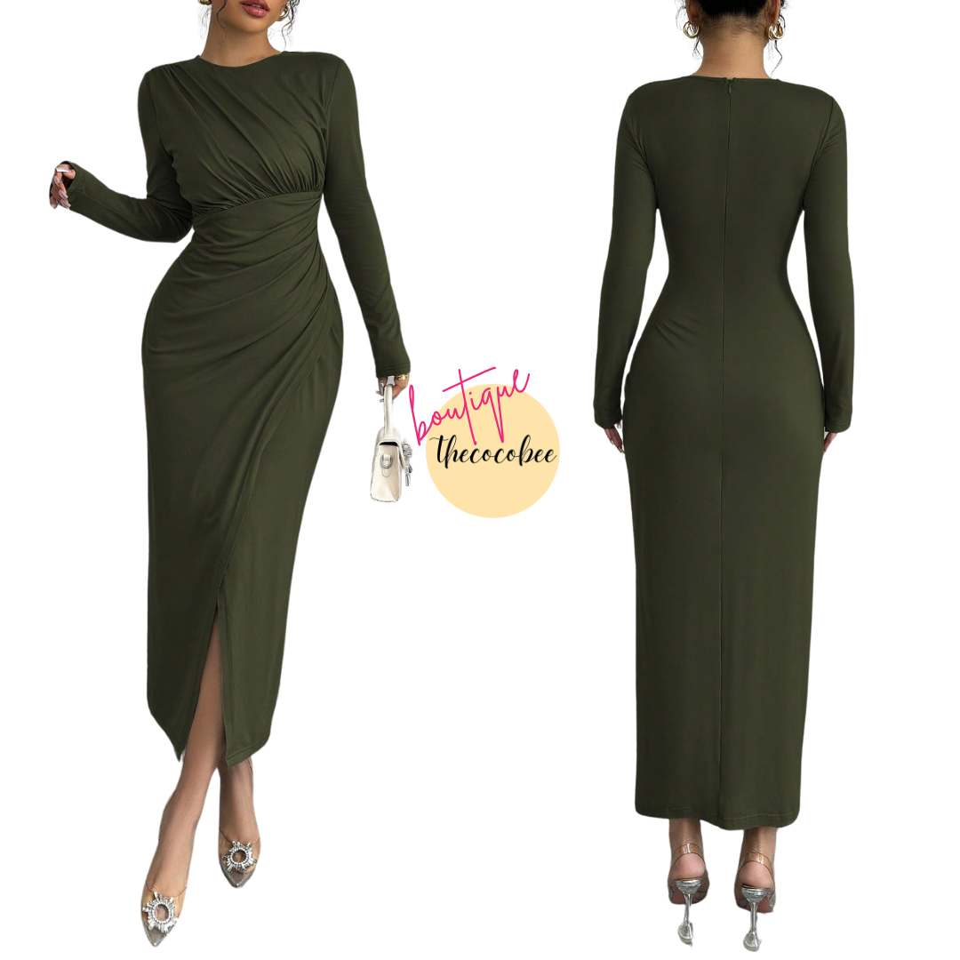 #117 Army Green Elegant Work Commute Solid Color Form-Fitting Round Neck Folding Collar Long Sleeve Bodycon Dress, Spring/Autumn/Winter Maxi Women Outfit