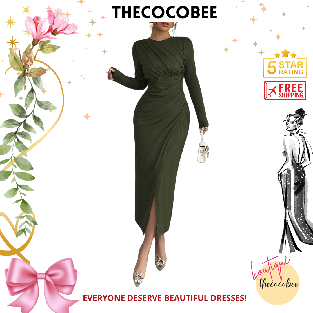 #117 Army Green Elegant Work Commute Solid Color Form-Fitting Round Neck Folding Collar Long Sleeve Bodycon Dress, Spring/Autumn/Winter Maxi Women Outfit