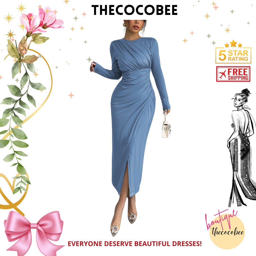 #117 Blue Elegant Work Commute Solid Color Form-Fitting Round Neck Folding Collar Long Sleeve Bodycon Dress, Spring/Autumn/Winter Maxi Women Outfit