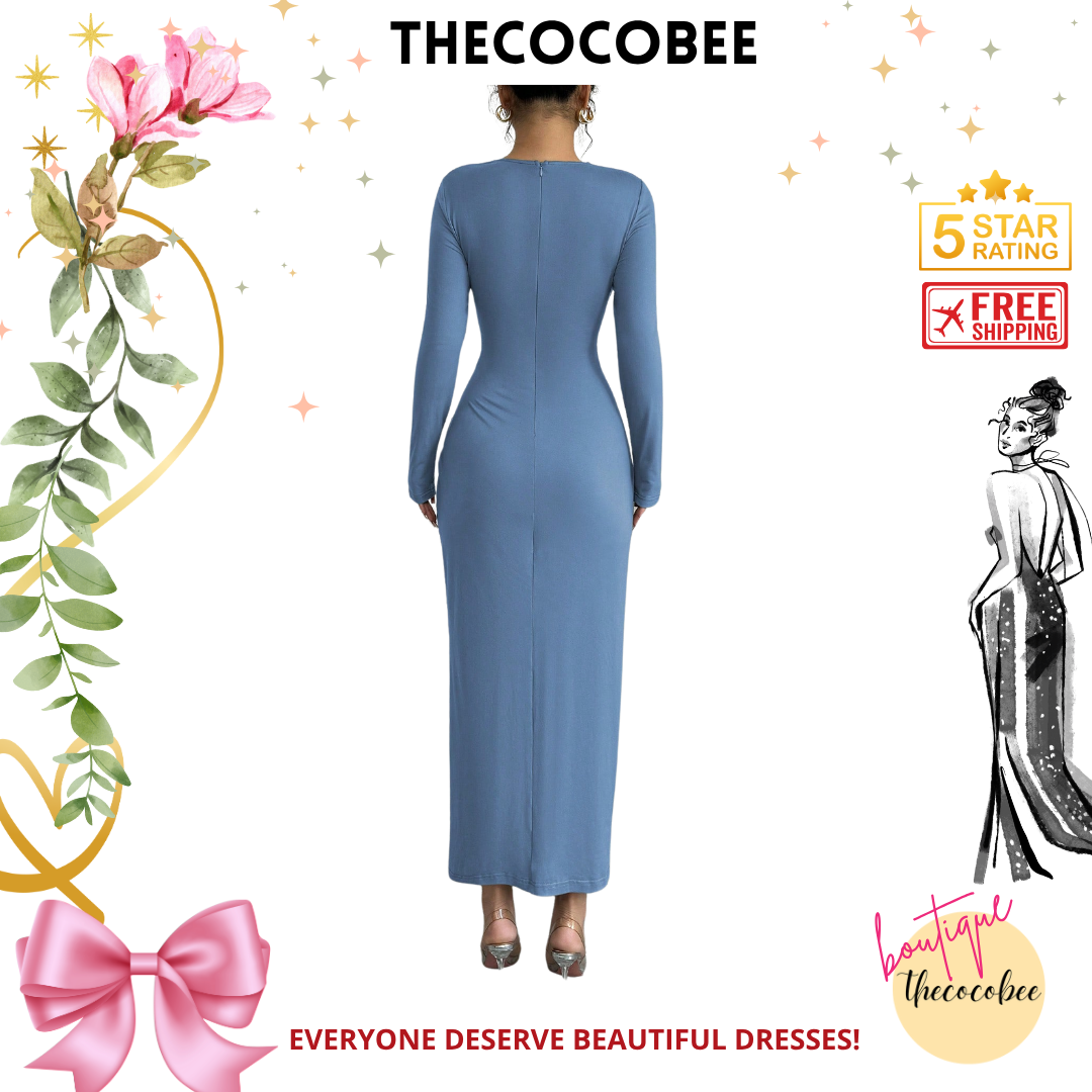 #117 Blue Elegant Work Commute Solid Color Form-Fitting Round Neck Folding Collar Long Sleeve Bodycon Dress, Spring/Autumn/Winter Maxi Women Outfit