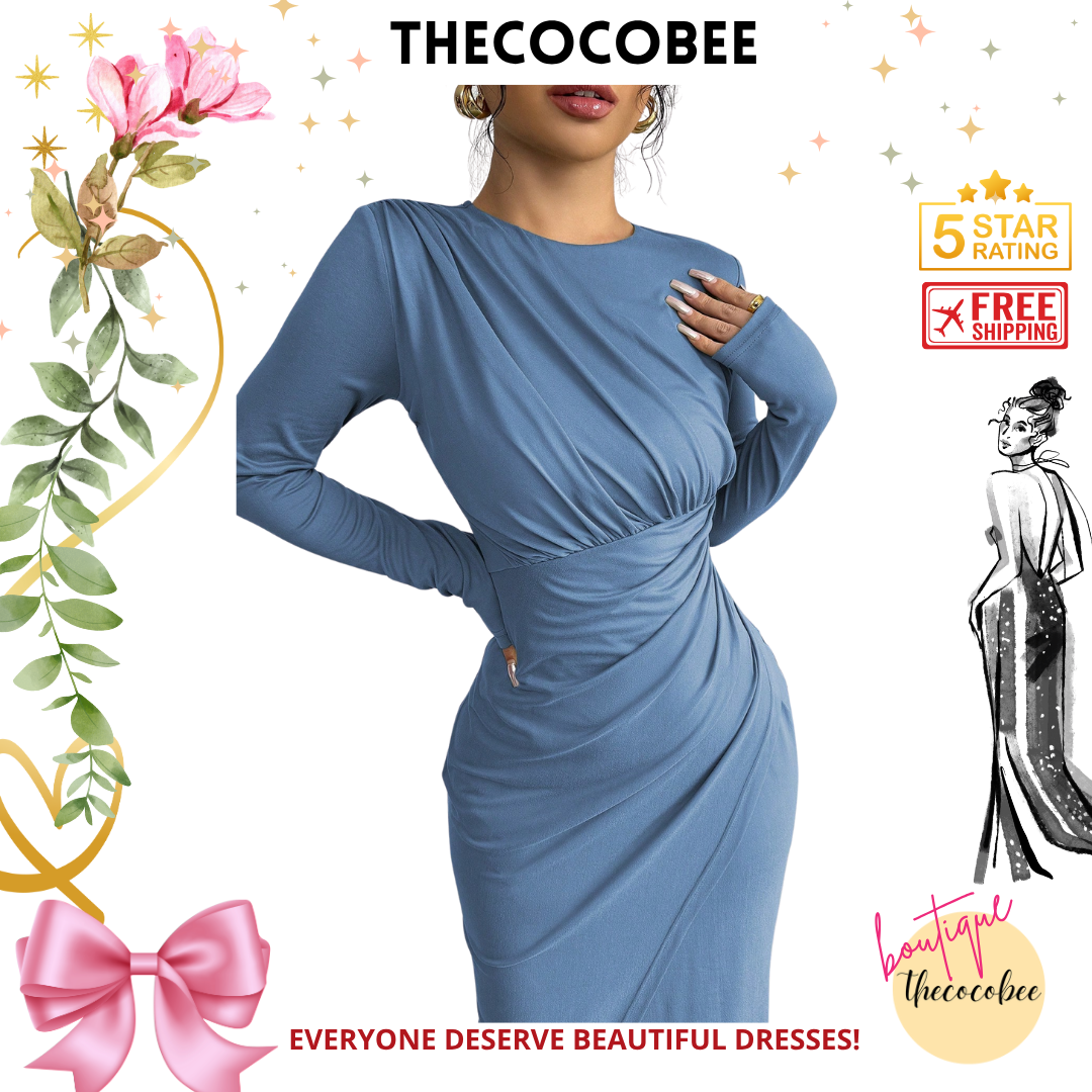 #117 Blue Elegant Work Commute Solid Color Form-Fitting Round Neck Folding Collar Long Sleeve Bodycon Dress, Spring/Autumn/Winter Maxi Women Outfit