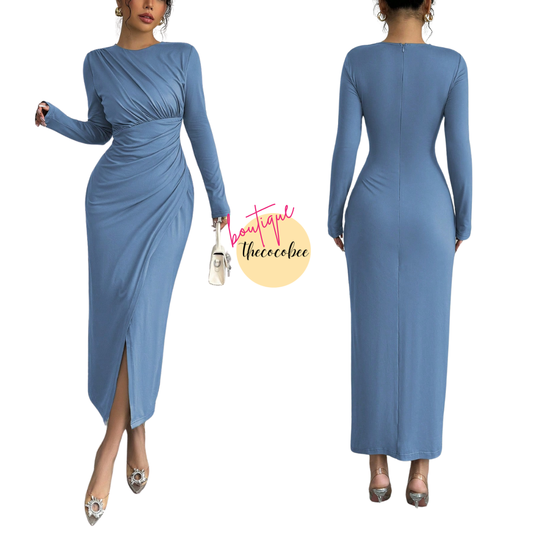 #117 Blue Elegant Work Commute Solid Color Form-Fitting Round Neck Folding Collar Long Sleeve Bodycon Dress, Spring/Autumn/Winter Maxi Women Outfit