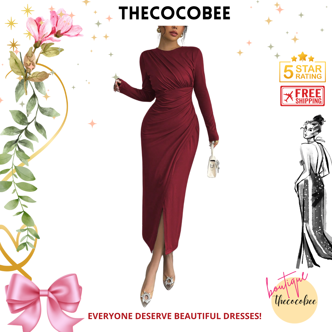 #117 Burgundy Elegant Work Commute Solid Color Form-Fitting Round Neck Folding Collar Long Sleeve Bodycon Dress, Spring/Autumn/Winter Maxi Women Outfit