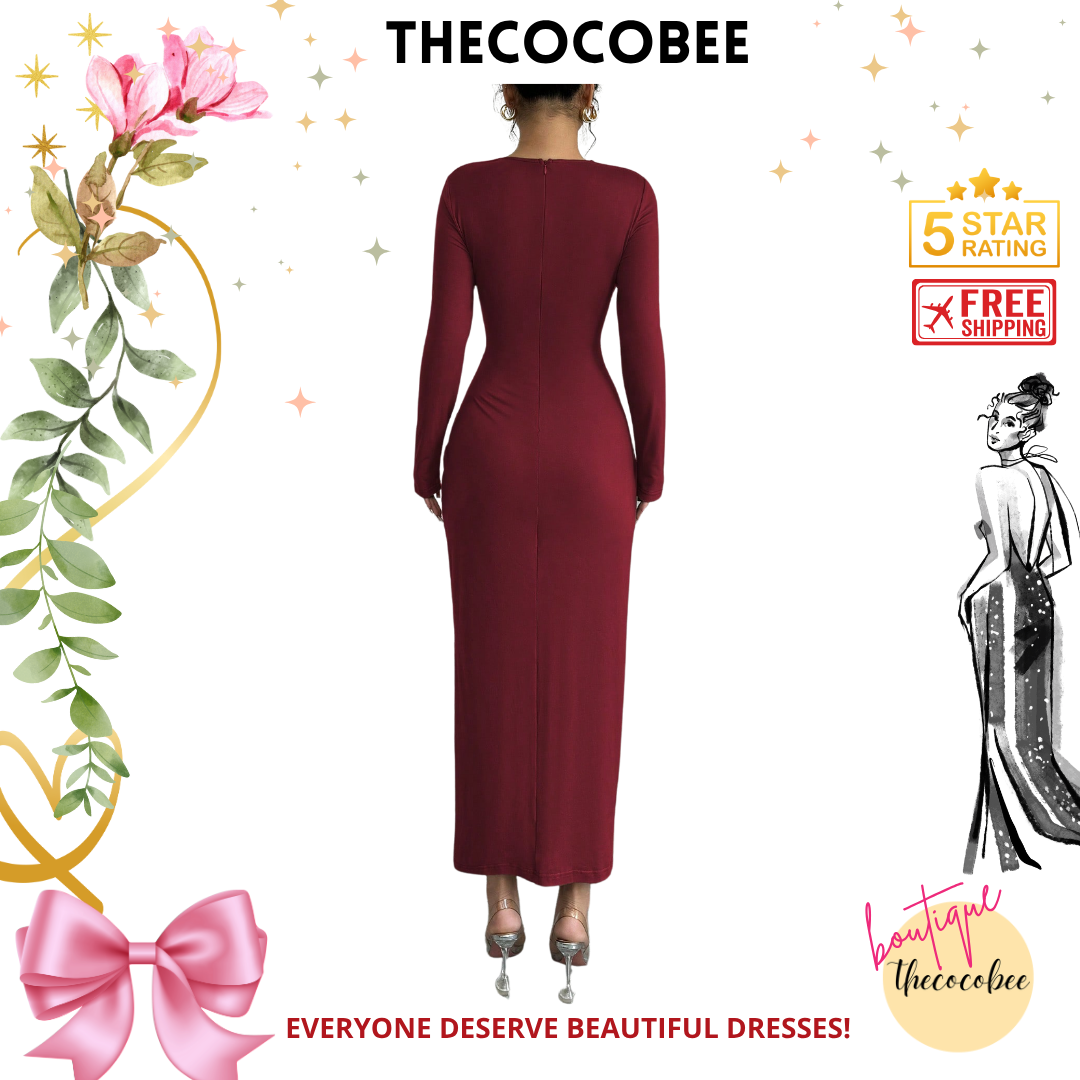 #117 Burgundy Elegant Work Commute Solid Color Form-Fitting Round Neck Folding Collar Long Sleeve Bodycon Dress, Spring/Autumn/Winter Maxi Women Outfit