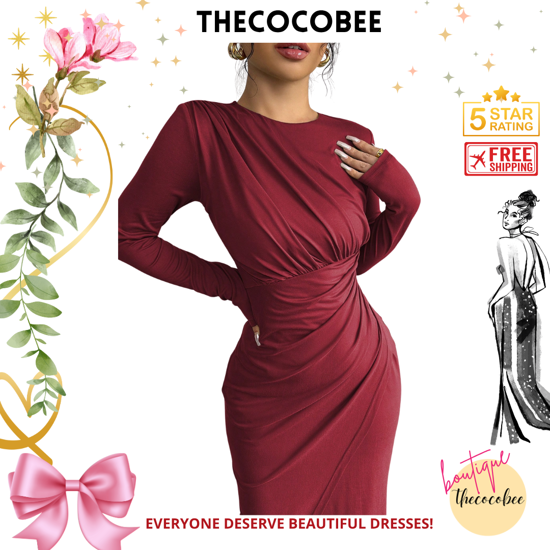 #117 Burgundy Elegant Work Commute Solid Color Form-Fitting Round Neck Folding Collar Long Sleeve Bodycon Dress, Spring/Autumn/Winter Maxi Women Outfit