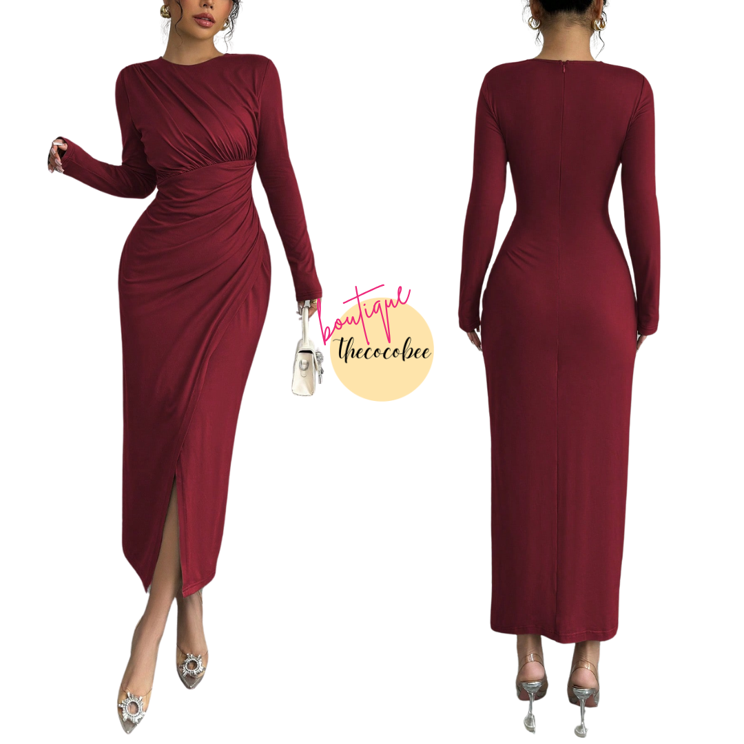 #117 Burgundy Elegant Work Commute Solid Color Form-Fitting Round Neck Folding Collar Long Sleeve Bodycon Dress, Spring/Autumn/Winter Maxi Women Outfit
