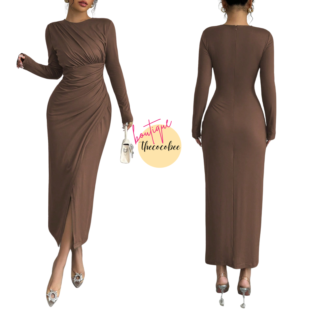 #117 Elegant Work Bodycon Maxi Dress – Coffee Brown