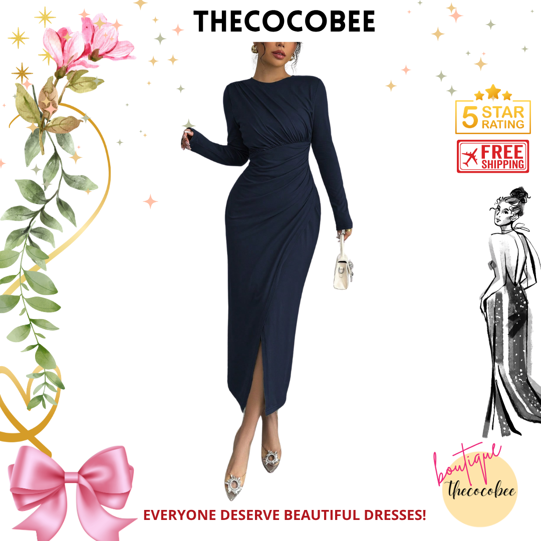 #117 Navy Blue Elegant Work Commute Solid Color Form-Fitting Round Neck Folding Collar Long Sleeve Bodycon Dress, Spring/Autumn/Winter Maxi Women Outfit
