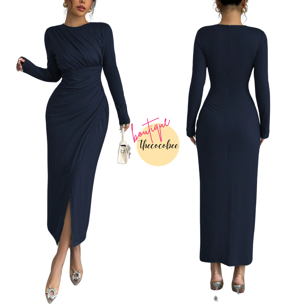 #117 Navy Blue Elegant Work Commute Solid Color Form-Fitting Round Neck Folding Collar Long Sleeve Bodycon Dress, Spring/Autumn/Winter Maxi Women Outfit