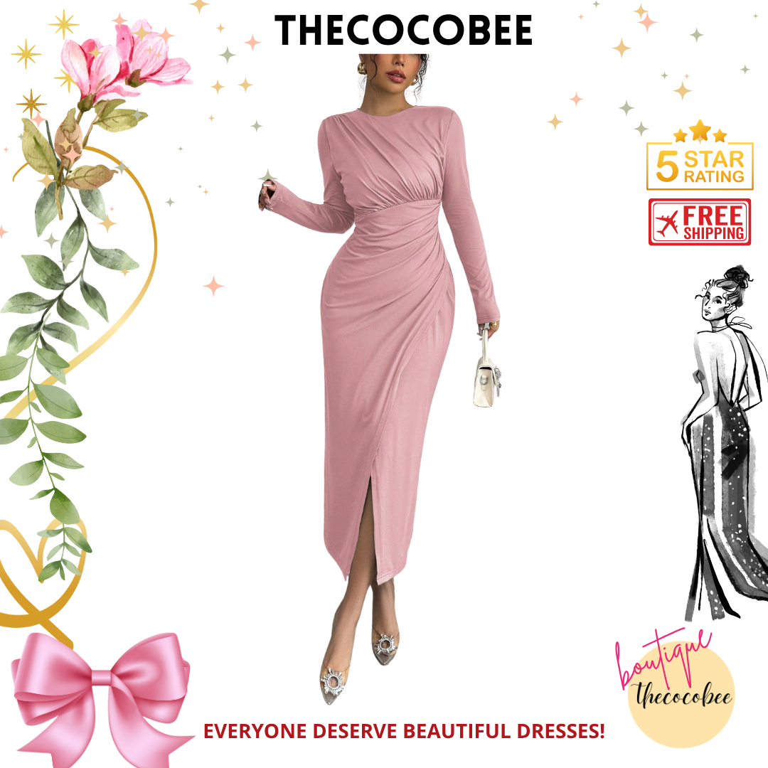 #117 Pink Elegant Work Commute Solid Color Form-Fitting Round Neck Folding Collar Long Sleeve Bodycon Dress, Spring/Autumn/Winter Maxi Women Outfit