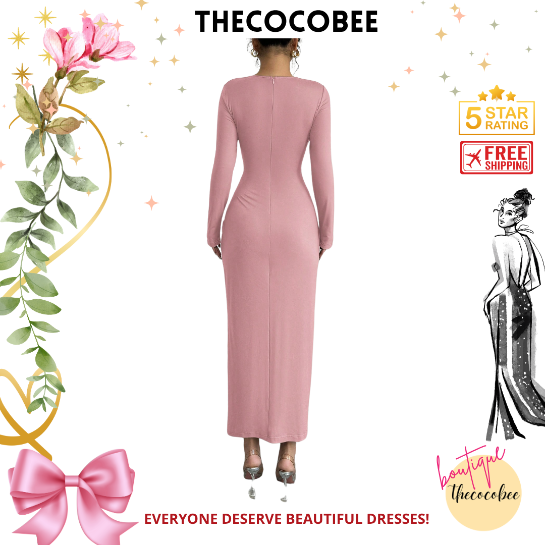 #117 Pink Elegant Work Commute Solid Color Form-Fitting Round Neck Folding Collar Long Sleeve Bodycon Dress, Spring/Autumn/Winter Maxi Women Outfit