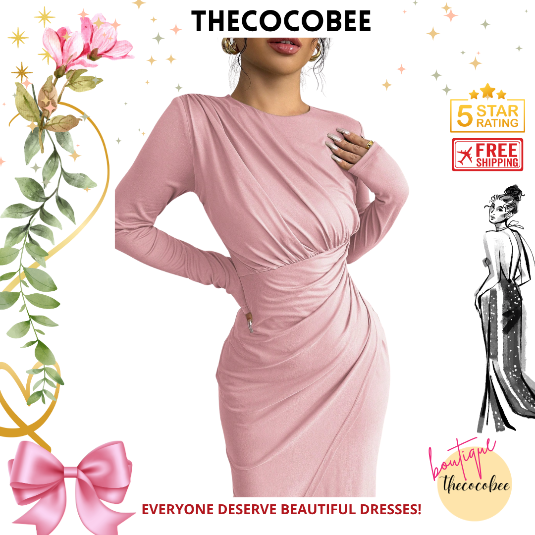 #117 Pink Elegant Work Commute Solid Color Form-Fitting Round Neck Folding Collar Long Sleeve Bodycon Dress, Spring/Autumn/Winter Maxi Women Outfit