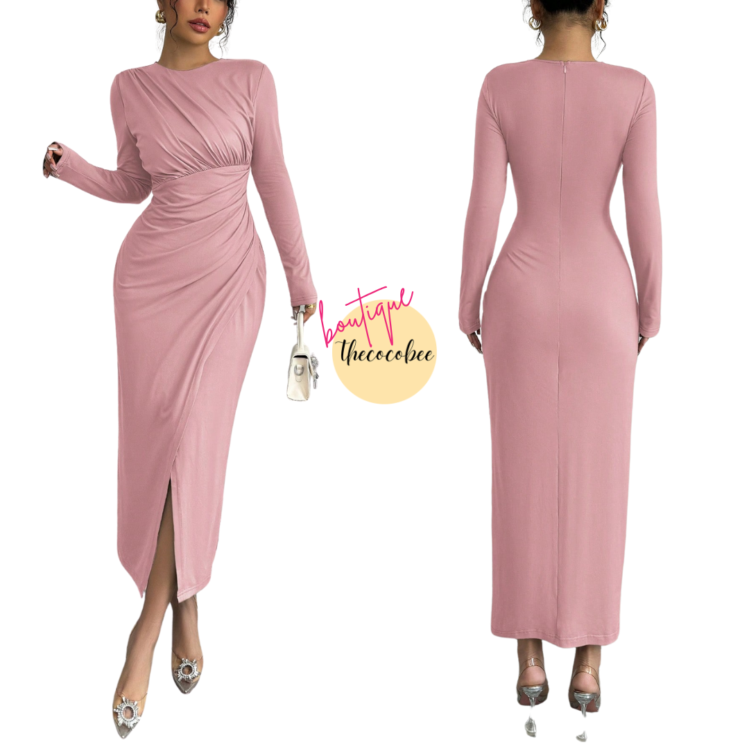 #117 Pink Elegant Work Commute Solid Color Form-Fitting Round Neck Folding Collar Long Sleeve Bodycon Dress, Spring/Autumn/Winter Maxi Women Outfit