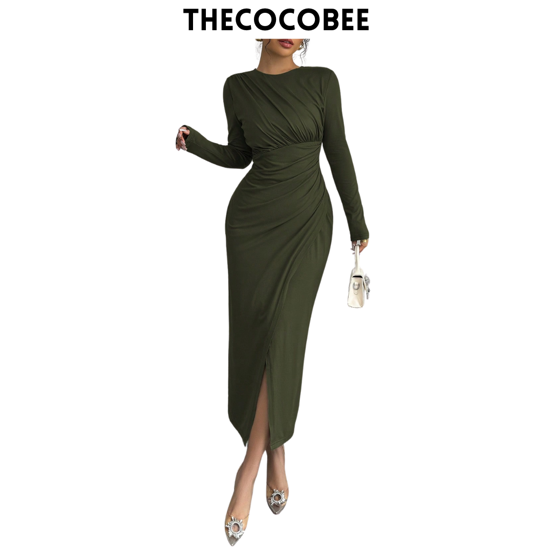 #117 Army Green Elegant Work Commute Solid Color Form-Fitting Round Neck Folding Collar Long Sleeve Bodycon Dress, Spring/Autumn/Winter Maxi Women Outfit