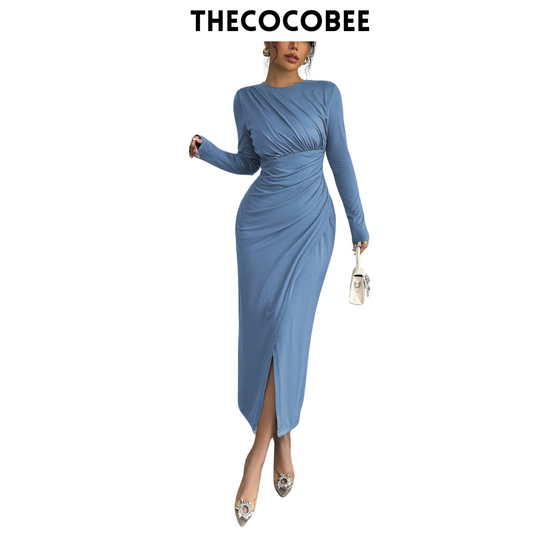 #117 Blue Elegant Work Commute Solid Color Form-Fitting Round Neck Folding Collar Long Sleeve Bodycon Dress, Spring/Autumn/Winter Maxi Women Outfit