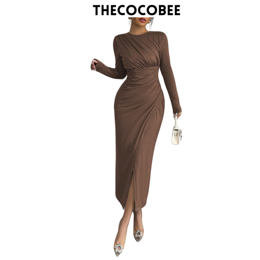 #117 Elegant Work Bodycon Maxi Dress – Coffee Brown