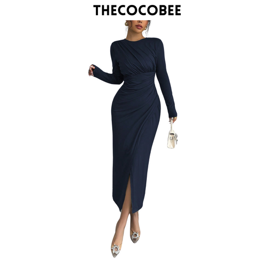 #117 Navy Blue Elegant Work Commute Solid Color Form-Fitting Round Neck Folding Collar Long Sleeve Bodycon Dress, Spring/Autumn/Winter Maxi Women Outfit