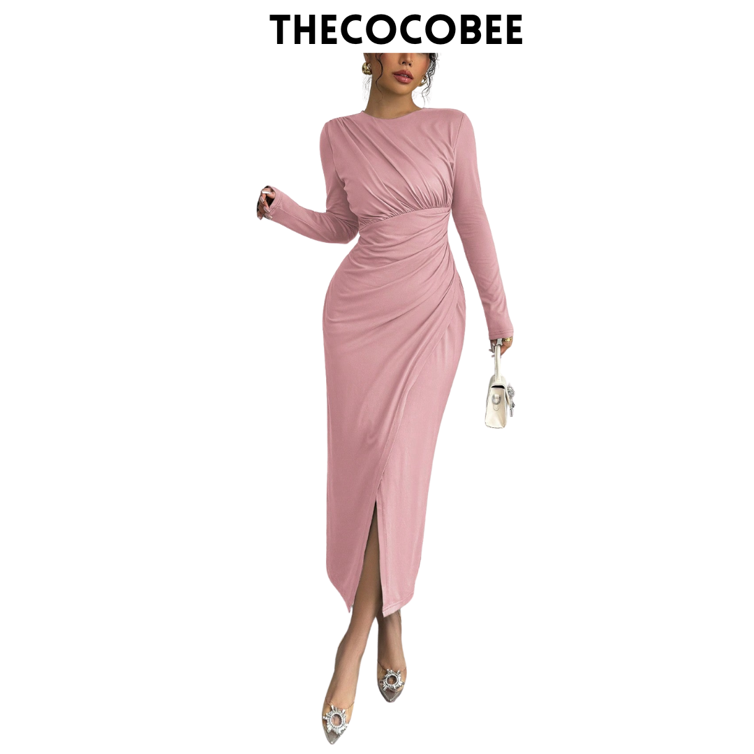 #117 Pink Elegant Work Commute Solid Color Form-Fitting Round Neck Folding Collar Long Sleeve Bodycon Dress, Spring/Autumn/Winter Maxi Women Outfit