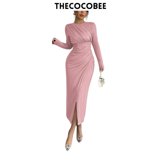 #117 Pink Elegant Work Commute Solid Color Form-Fitting Round Neck Folding Collar Long Sleeve Bodycon Dress, Spring/Autumn/Winter Maxi Women Outfit