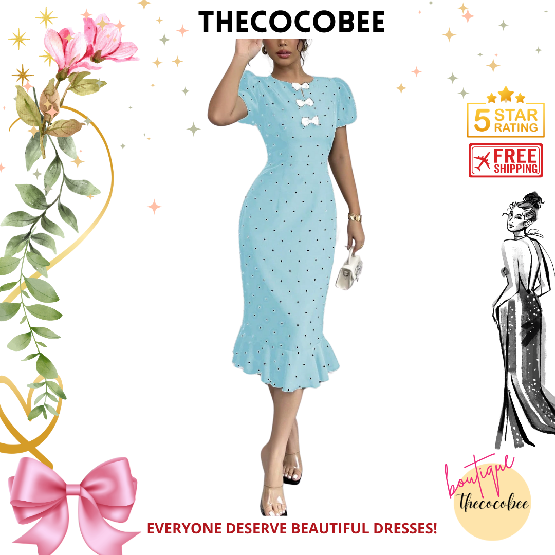 #118 Baby Blue Elegant Bowknot Ruffle Polka Dot Print Lantern Sleeve Dress