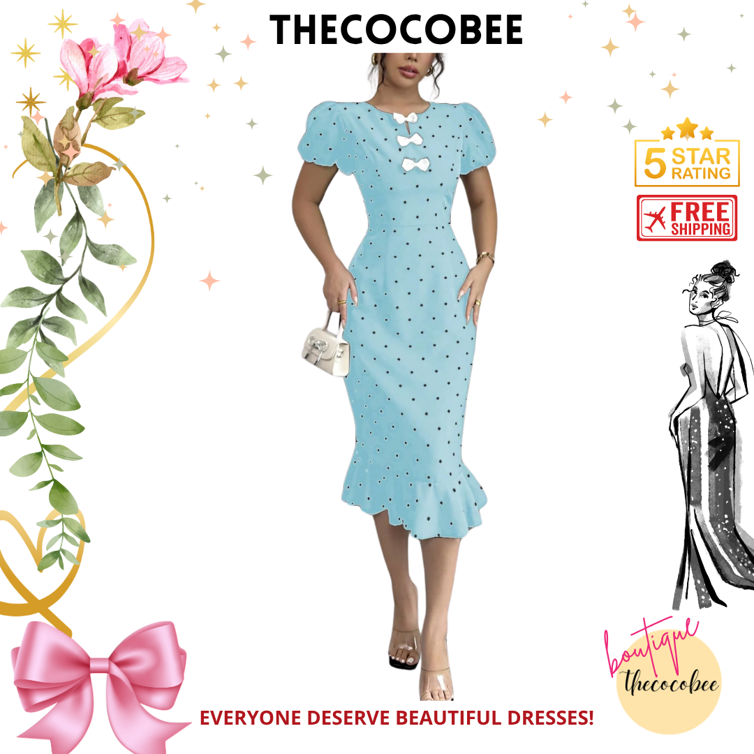 #118 Baby Blue Elegant Bowknot Ruffle Polka Dot Print Lantern Sleeve Dress