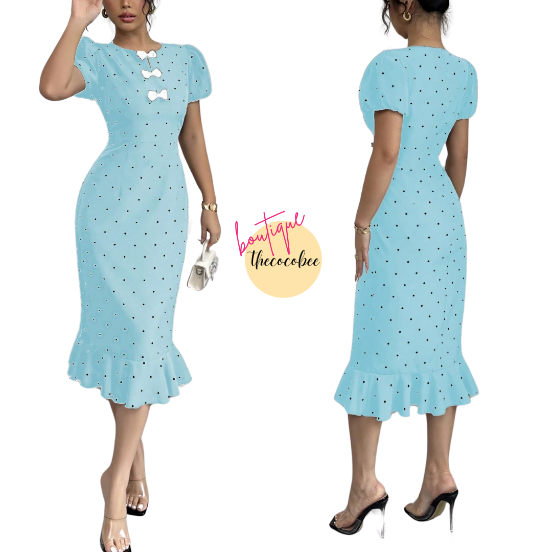 #118 Baby Blue Elegant Bowknot Ruffle Polka Dot Print Lantern Sleeve Dress