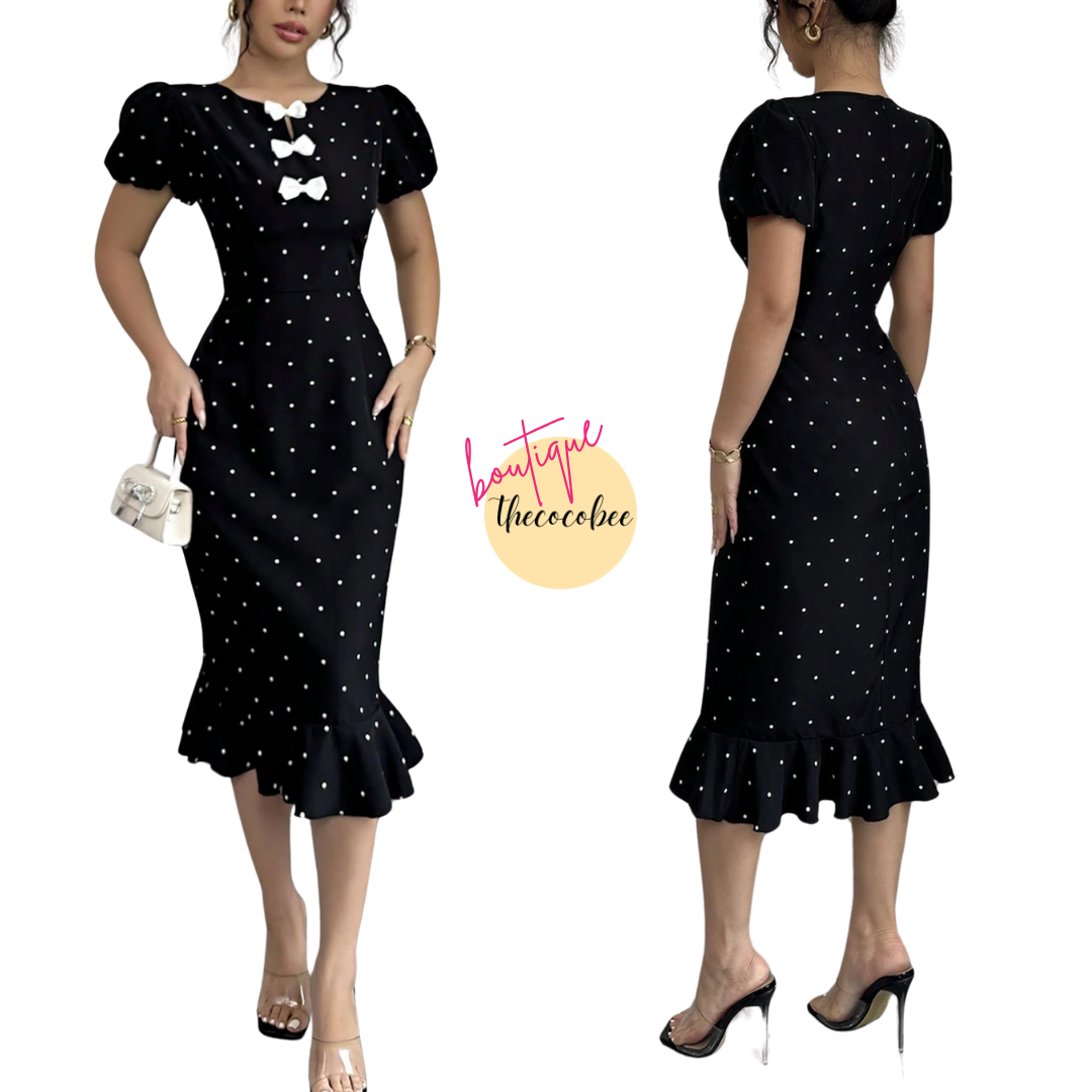 #118 Black and White Lantern Sleeve Elegant Bow Ruffle Polka Dot Print Dress, Black, Graceful Dress For Women