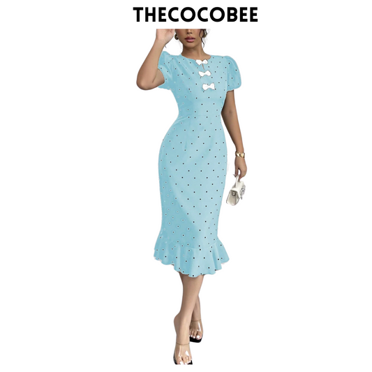 #118 Baby Blue Elegant Bowknot Ruffle Polka Dot Print Lantern Sleeve Dress