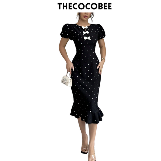 #118 Black and White Lantern Sleeve Elegant Bow Ruffle Polka Dot Print Dress, Black, Graceful Dress For Women
