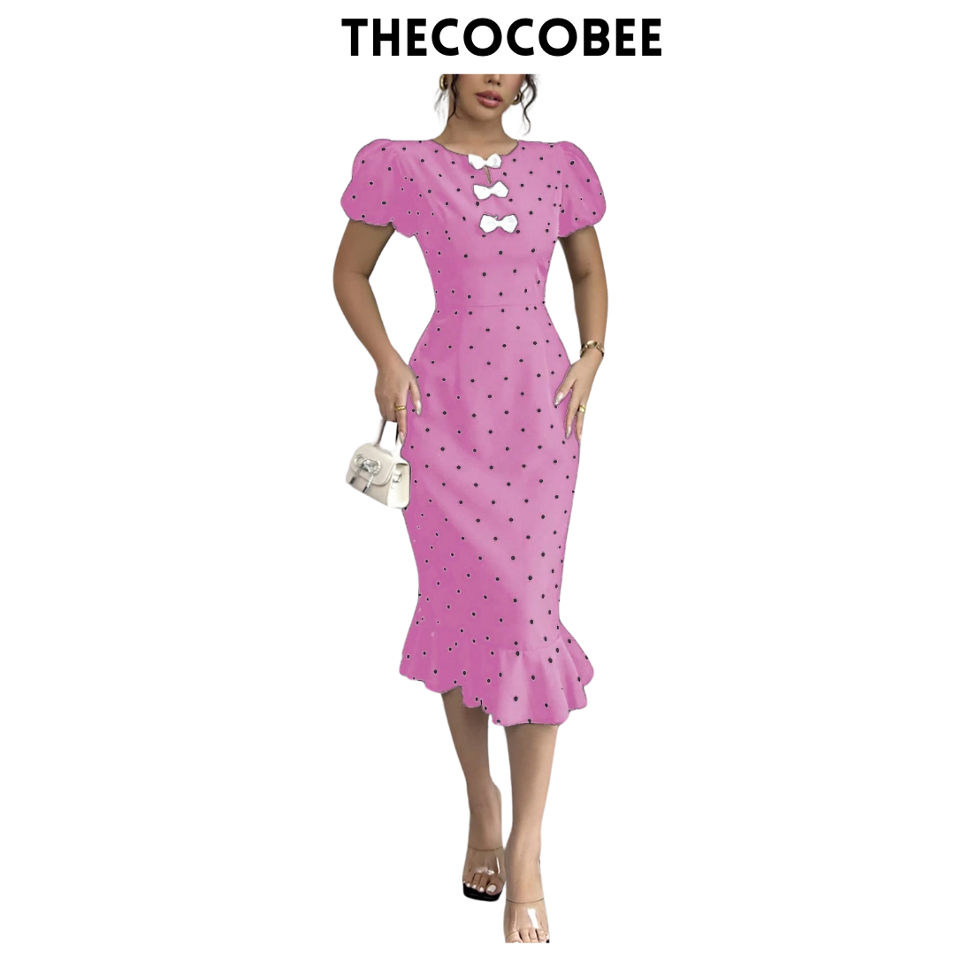 #118 Hot Pink Elegant Ruffle Trim Polka Dot Print Bowknot Lantern Sleeve Dress, Black Dress, Vintage Style Dress For Women