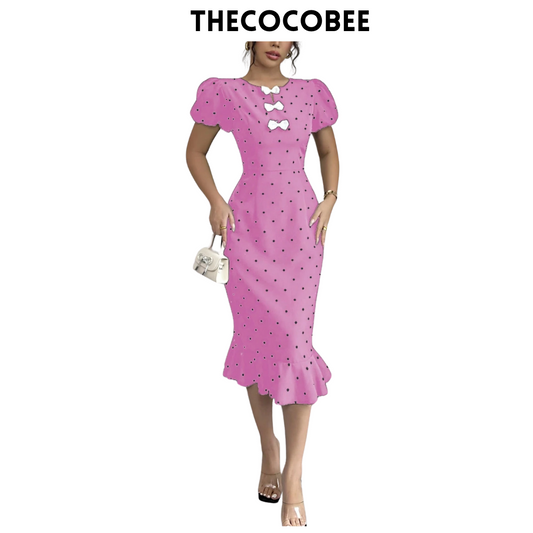 #118 Hot Pink Elegant Ruffle Trim Polka Dot Print Bowknot Lantern Sleeve Dress, Black Dress, Vintage Style Dress For Women