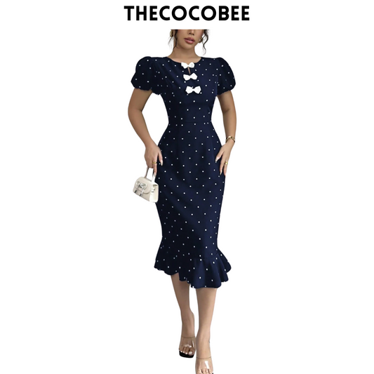 #118 Navy Blue Elegant Lantern Sleeve Bowknot Ruffle Polka Dot Print Dress, Stylish Dress For Women