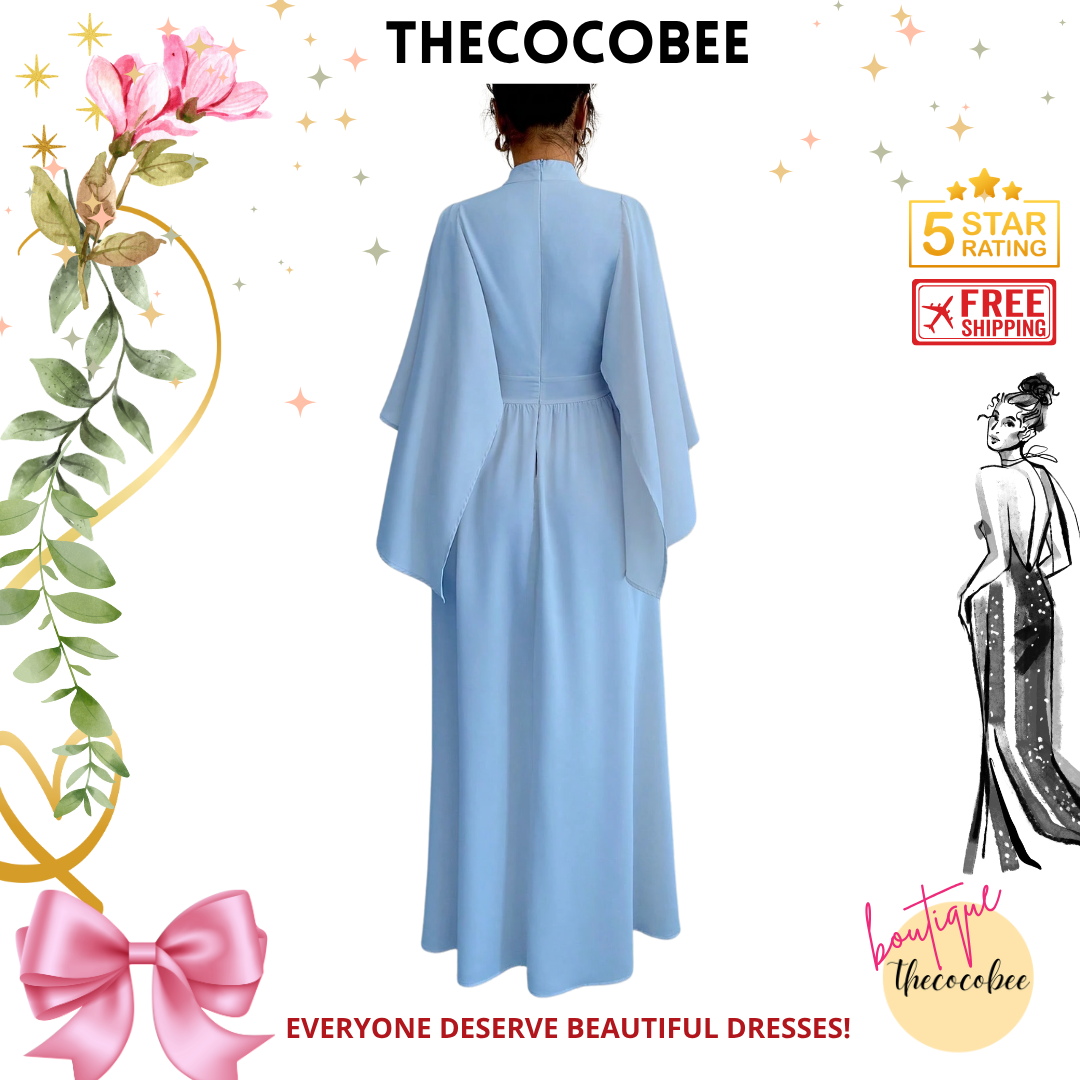 #119 Baby Blue Solid Color Chiffon Dress, Elegant Women Long Dress