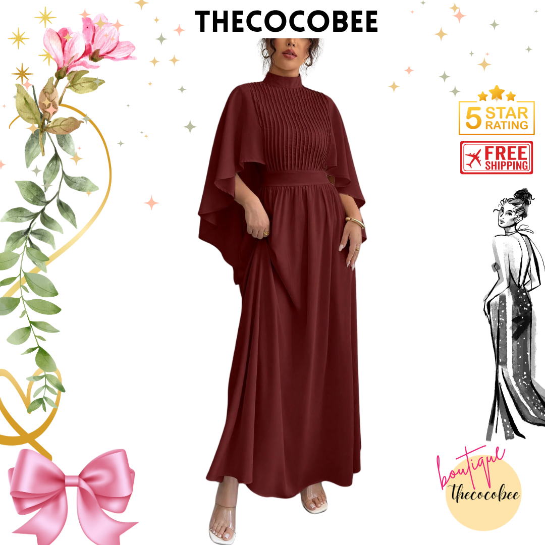 #119 Burgundy Chiffon Maxi Dress with Cloak Sleeves