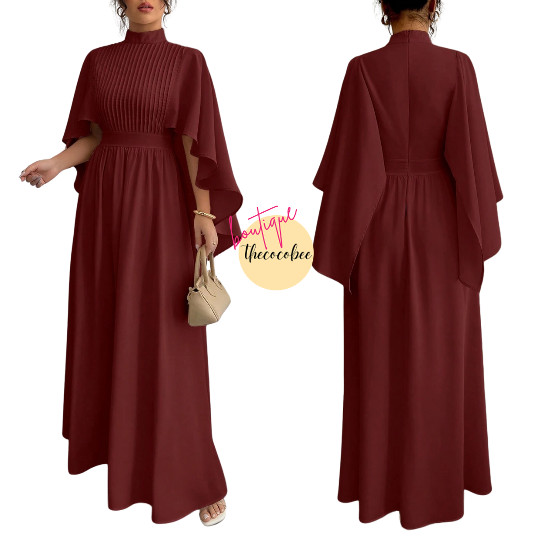 #119 Burgundy Chiffon Maxi Dress with Cloak Sleeves
