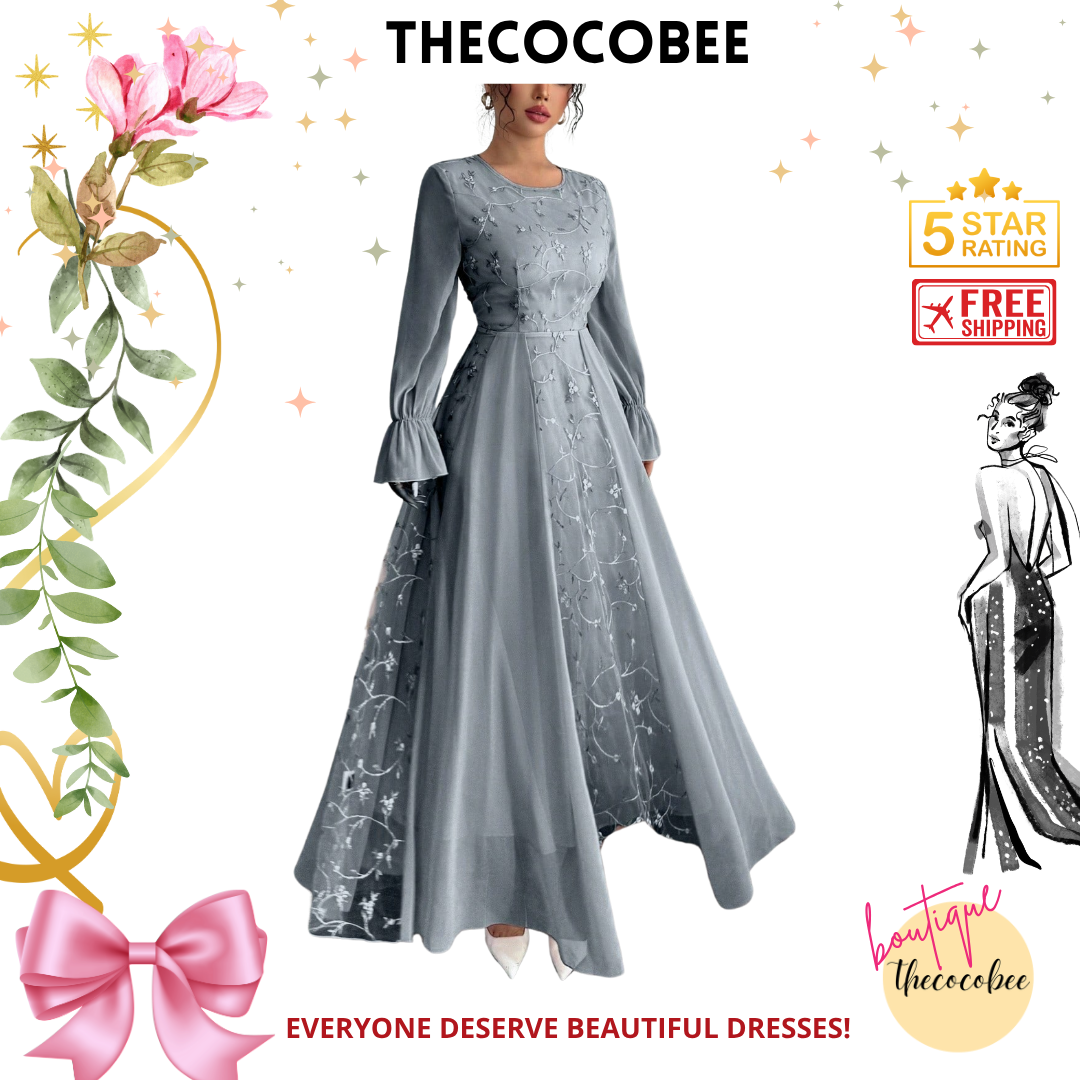 #120 Gray Blue Long Mesh Embroidered Patchwork Chiffon Long Sleeve Dress For Women
