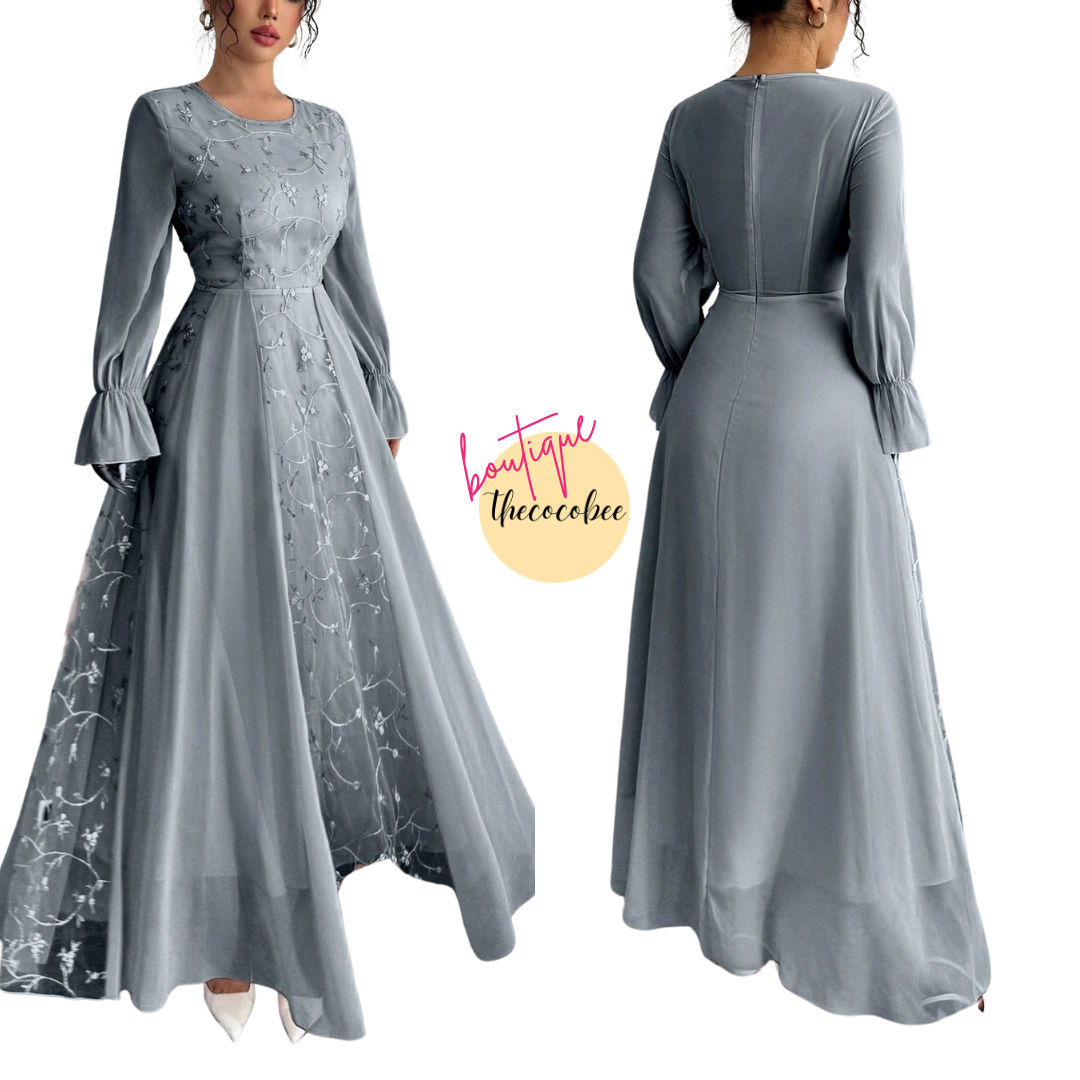 #120 Gray Blue Long Mesh Embroidered Patchwork Chiffon Long Sleeve Dress For Women