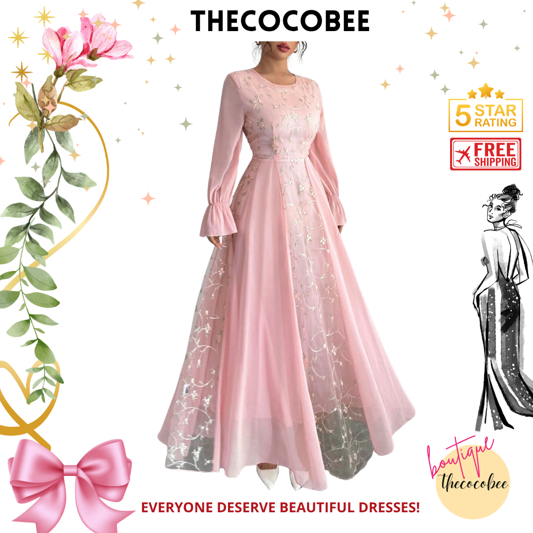 #120 Pink Mesh Embroidered Patchwork Chiffon Flare Sleeve Dress For Women