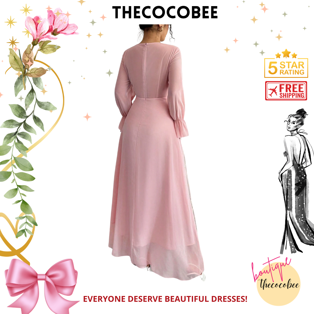 #120 Pink Mesh Embroidered Patchwork Chiffon Flare Sleeve Dress For Women