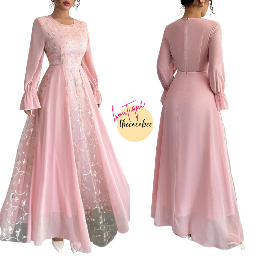 #120 Pink Mesh Embroidered Patchwork Chiffon Flare Sleeve Dress For Women