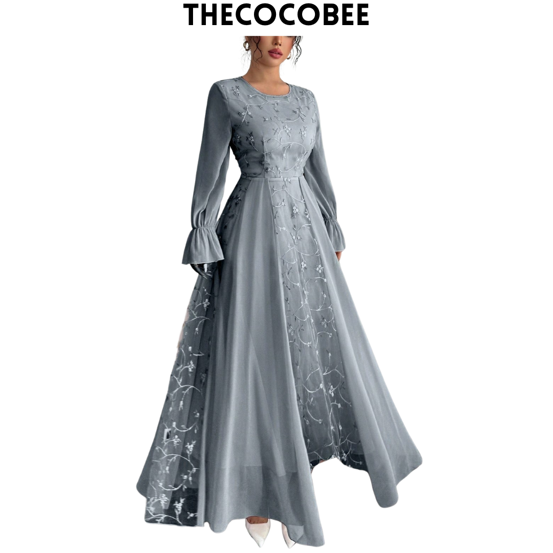 #120 Gray Blue Long Mesh Embroidered Patchwork Chiffon Long Sleeve Dress For Women