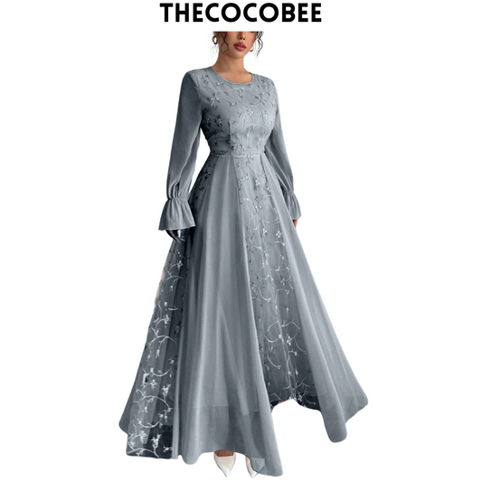 #120 Gray Blue Long Mesh Embroidered Patchwork Chiffon Long Sleeve Dress For Women