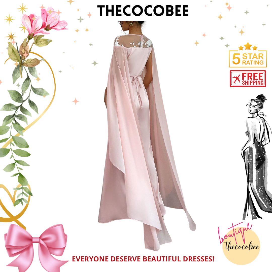#121 Pink Elegant Luxurious Elegant Pink Round Neck Hollow Out Mesh Splice Sheer Flowy Long Sleeve Pleated Waist Slim Hem Dress For Women