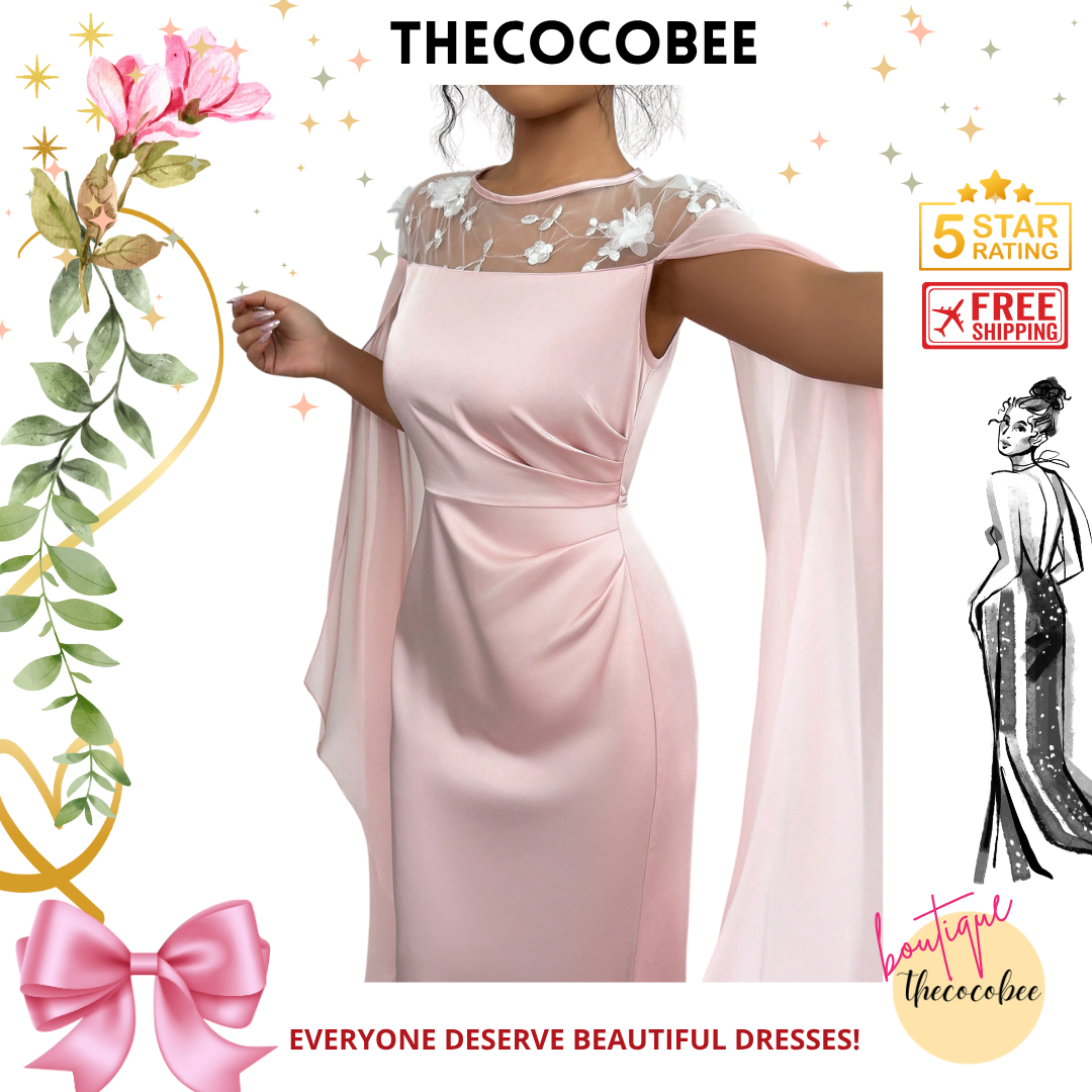 #121 Pink Elegant Luxurious Elegant Pink Round Neck Hollow Out Mesh Splice Sheer Flowy Long Sleeve Pleated Waist Slim Hem Dress For Women