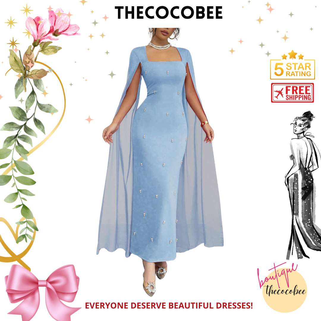 #122 Baby Blue French Elegant Daily Or Banquet Fitted Rhinestone Luxurious Shawl Collar Chiffon See-Through Stretch Knit Red Dress, Long Fishtail Hem Gown For Autumn/Winter