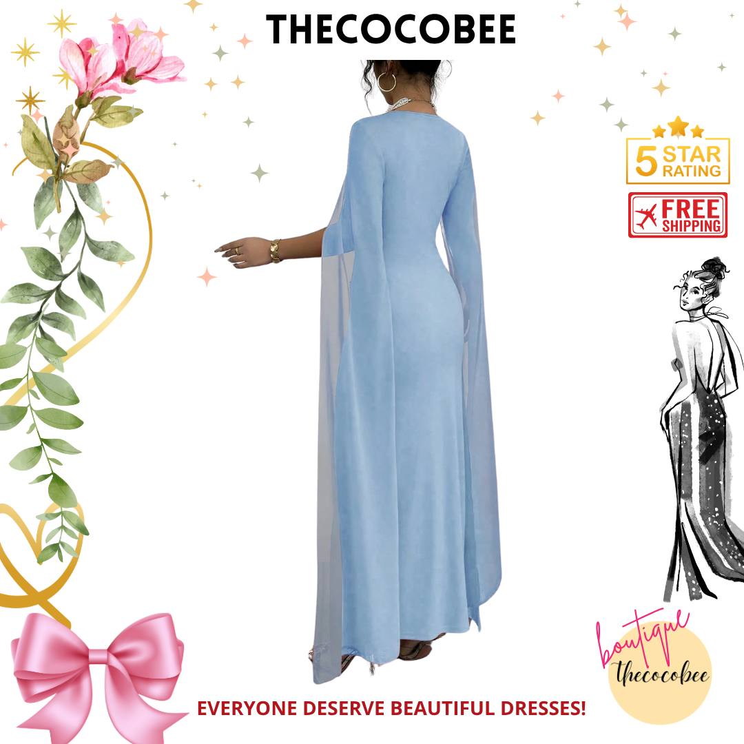 #122 Baby Blue French Elegant Daily Or Banquet Fitted Rhinestone Luxurious Shawl Collar Chiffon See-Through Stretch Knit Red Dress, Long Fishtail Hem Gown For Autumn/Winter