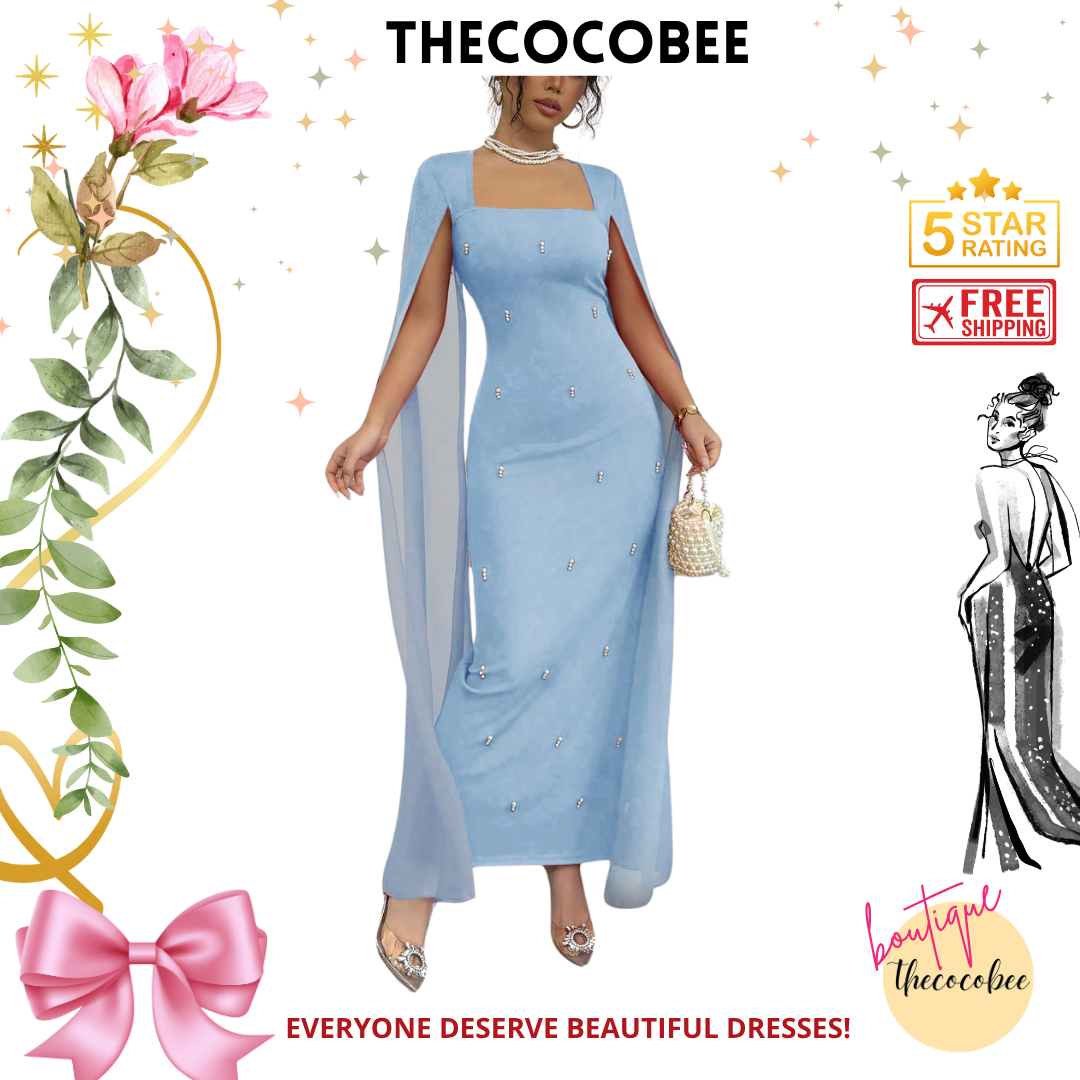 #122 Baby Blue French Elegant Daily Or Banquet Fitted Rhinestone Luxurious Shawl Collar Chiffon See-Through Stretch Knit Red Dress, Long Fishtail Hem Gown For Autumn/Winter