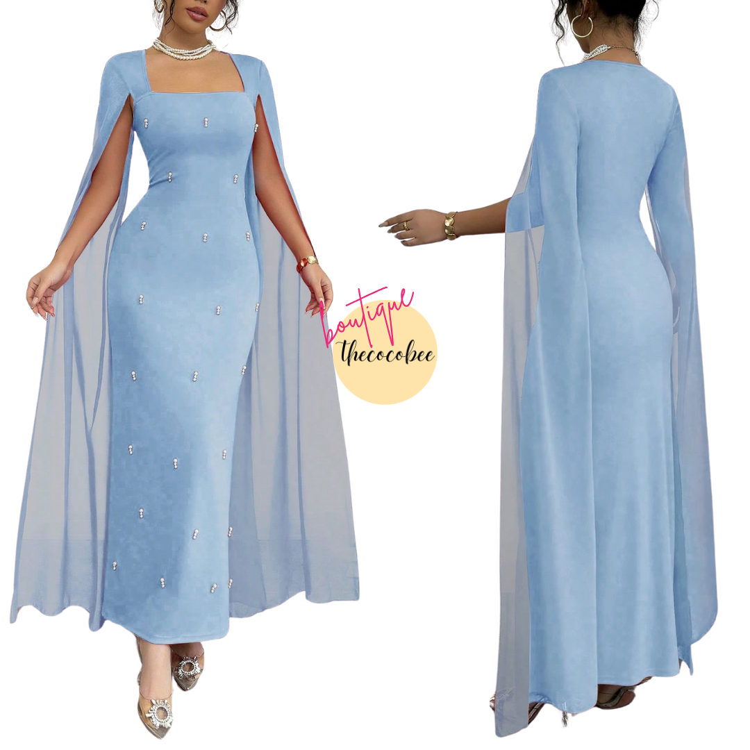 #122 Baby Blue French Elegant Daily Or Banquet Fitted Rhinestone Luxurious Shawl Collar Chiffon See-Through Stretch Knit Red Dress, Long Fishtail Hem Gown For Autumn/Winter